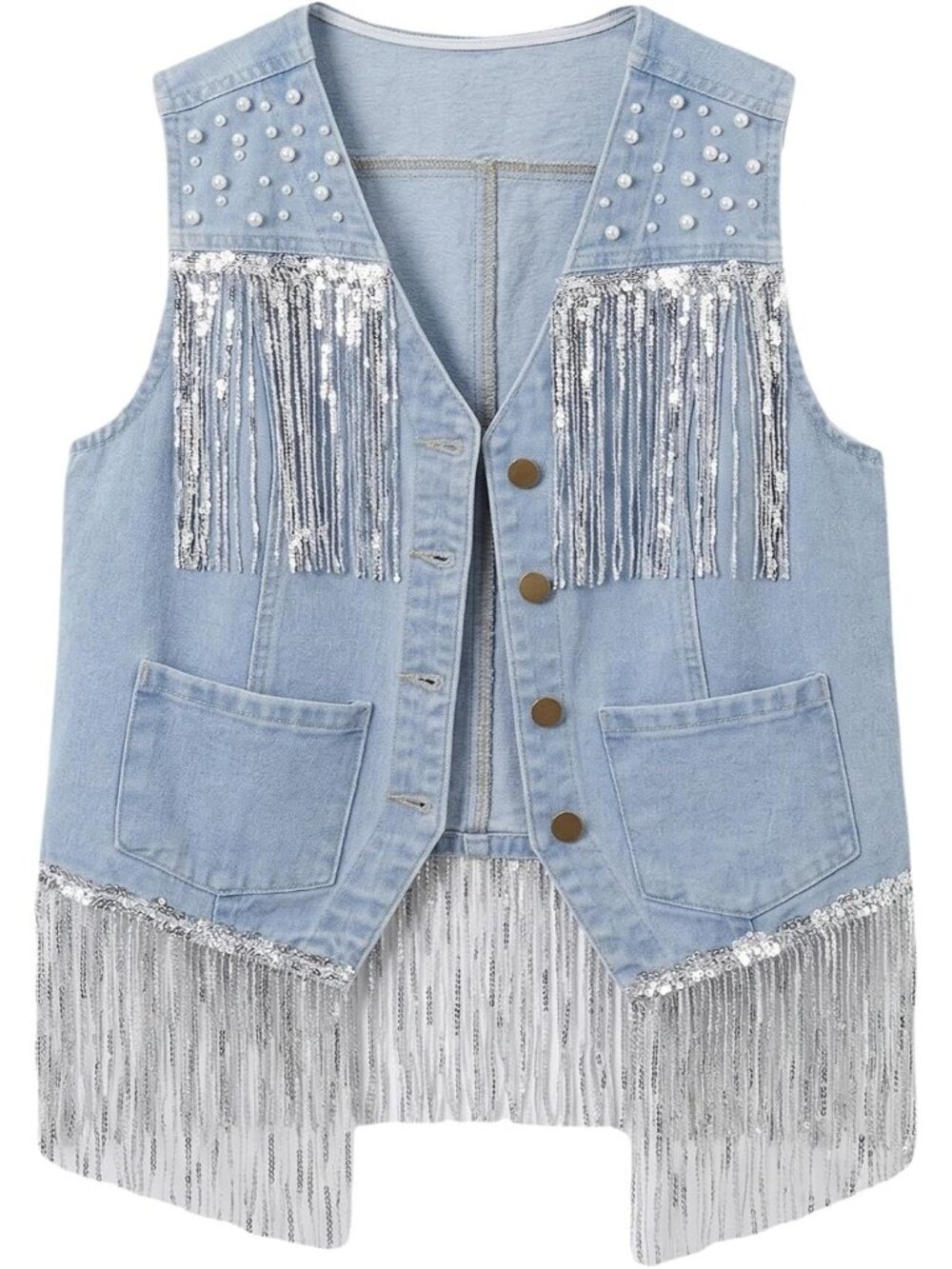 Women's Light Blue Denim Fringe Top Western Cowgirl Pearl Cropped Jean Vest